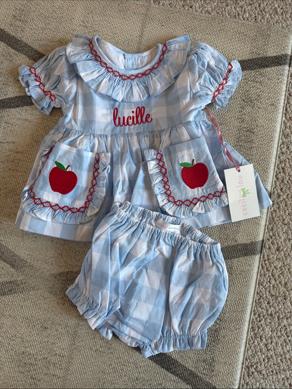 Lucille Blue Gingham Apple Pocket Baby Dress Set